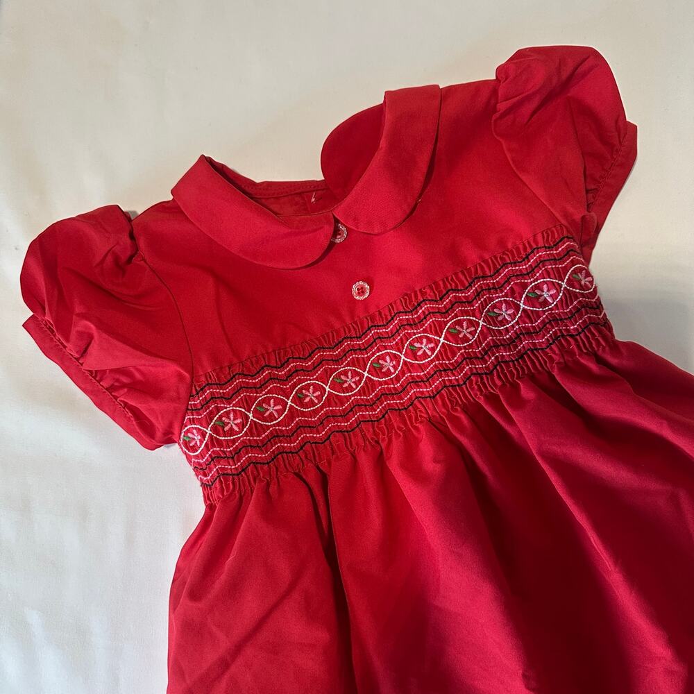 OshKosh B'gosh Red Peter Pan Collar Holiday Christmas Floral Embroidered Dress